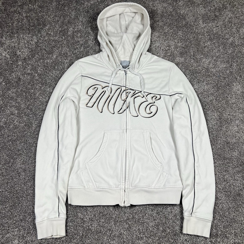 Vintage Y2K Nike Hoodie Womens Medium White Full Zip Sweatshirt Spellout Cyber